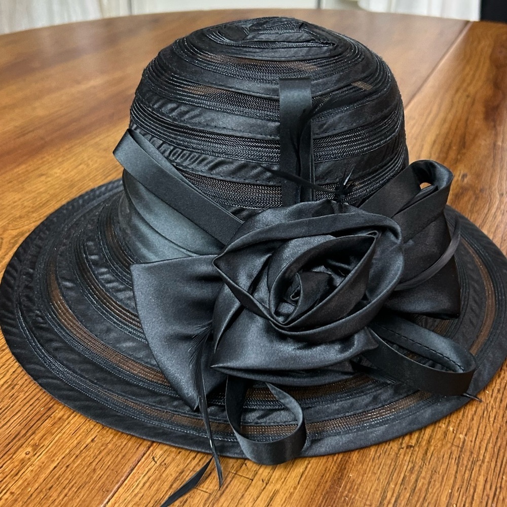 Black Ribbon Dress Hat Wide Brim Floral Bow Church Derby Tea Party Hat - Picture 10 of 10